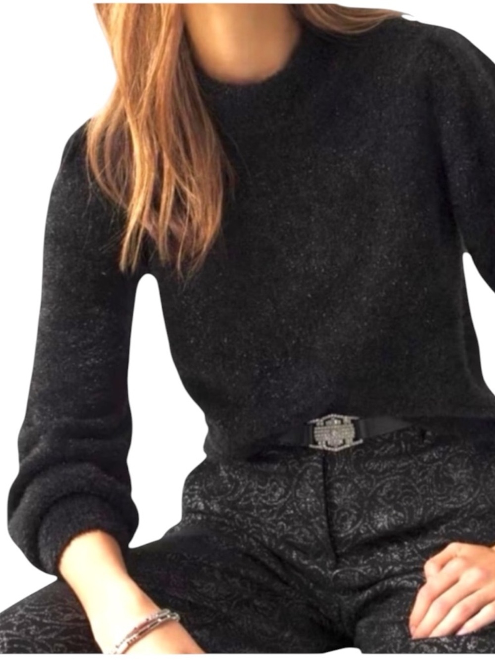 NEW White House Black Market Tinsel Trim Mock Neck Soft Metallic Sweater Small